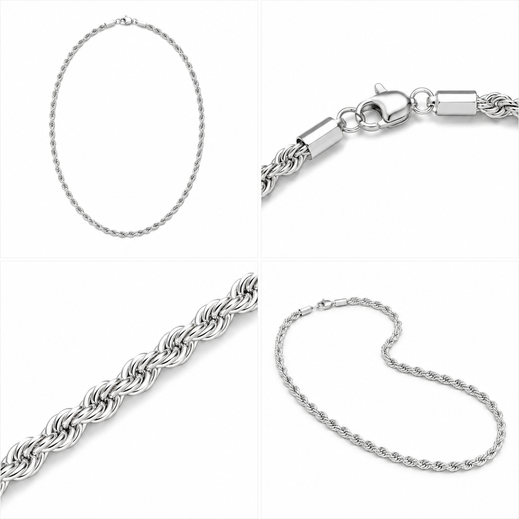 Rope Chain (Silver) Rhodium - 4 mm